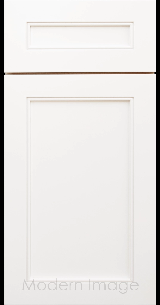 Highland Frost White painted Shaker kitchen cabinet door with wide rails and a flat center panel.